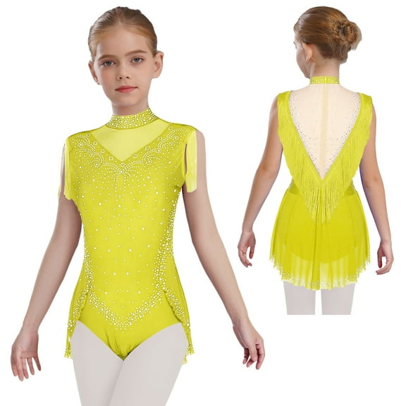 LiiYii Kids Girls Sparkle Rhinestone Mock Neck Sleeveless Tassel Fringe Skirted Bodysuit Latin Jazz Dance Leotard Fluorescent Yellow 12