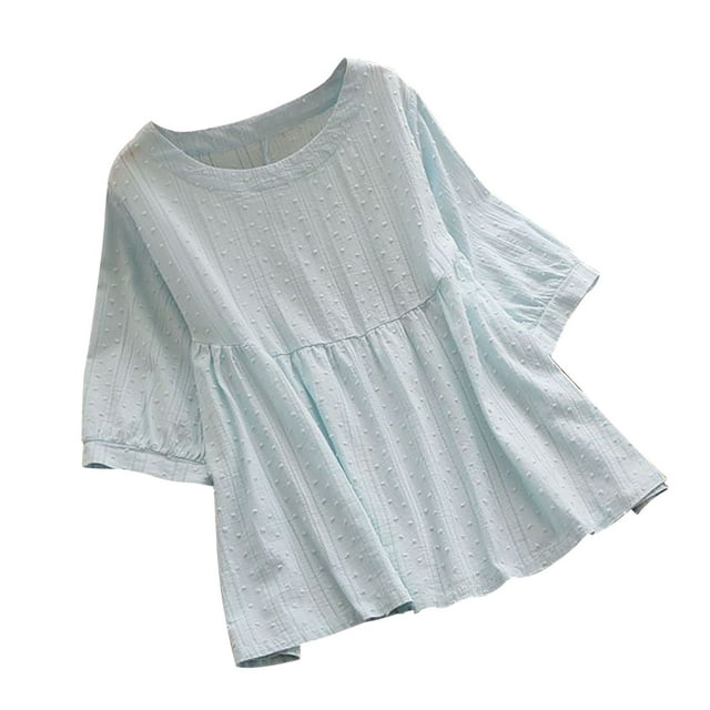 Pompotops Femme Été Col Rond Manches 3/4 Coton Chemise Tops Blouse Unie