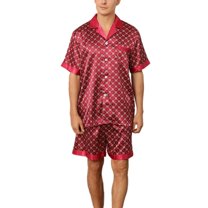SWSMCLT Men's 2 Piece Pajamas Lightweight Shorts Printed Silky Summer Casual Soft Pj Set Short Sleeve Rouge Noir Large
