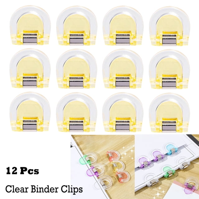 Lksixu 12 Pcs Clear Binder Paper Clips, Small Plastic Paper Clamps, Multi-Functional File Organizing Clips, Reusable Snack Bag Sealing Clips Colorful Spring Clips Office Supplies, Yellow