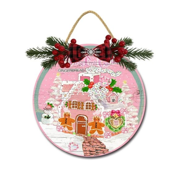 Front Door Porch Decorations Gingerbread Christmas Door Hanging Sign 12 inch Wooden Wall Sign, Rustic Holiday Wreath Decor for Front Door Porch Home Window Wall Farmhouse Decorations