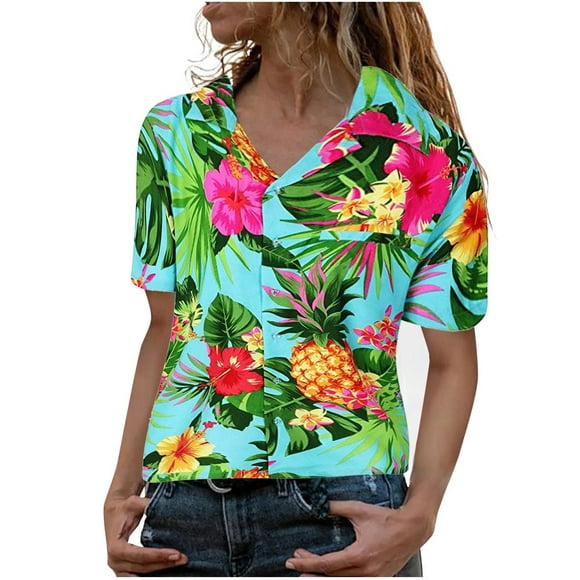 CHUANK Flowers Leaves Blouse Pineapple Funky Shirt Frontpocket Women‘S Hawaiian Print Women Shirts Green L