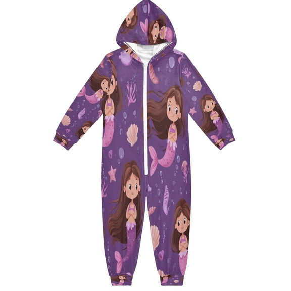 Soft Big Kids Onesie Pajamas Cozy Loose-Fit Jumpsuits for kids with Pockets for Christmas Lounge & Play Cute Pink Mermaids