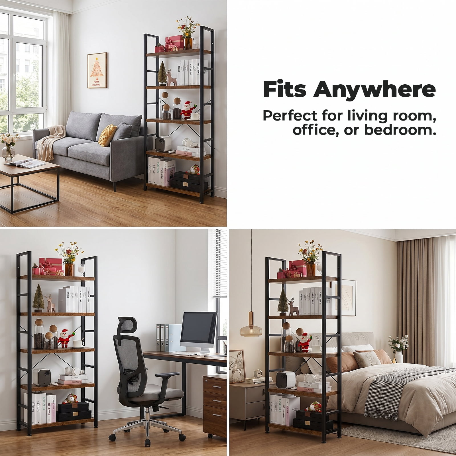 Alvantor 5-Tier Bookshelf, Modern Narrow Bookcase with 30lbs Shelf Capacity, Storage Shelf for Living Room/Office, Brown/Black