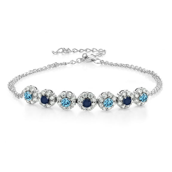 Gem Stone King 925 Sterling Silver Swiss Blue Topaz and Blue Sapphire Tennis Bracelet for Women (2.39 Cttw, Gemstone November Birthstone, 7 inch with 2 inch Extender)