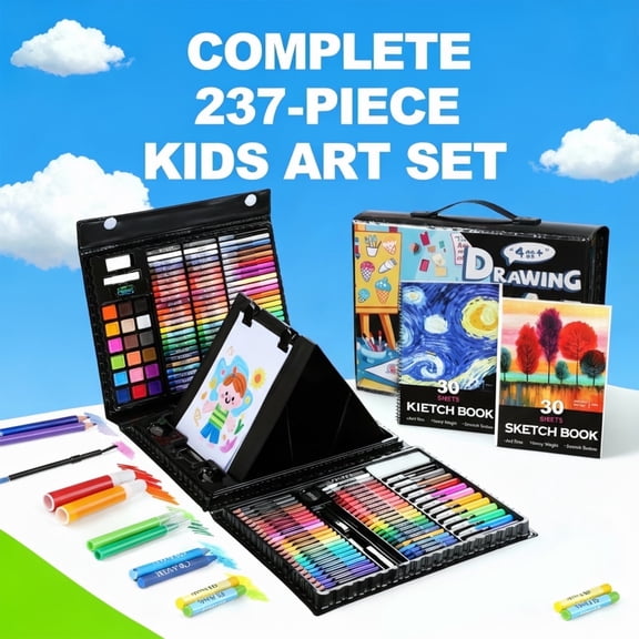Color More 237-Piece Kids Art Set with Double-Sided Easel, Non-Toxic Drawing Kit for Ages 4-12, Watercolor Oil Pastels Crayons, Gift for Girls Boys Artists,Black