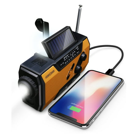 FosPower Emergency Solar Crank Portable Radio, AM/FM, LED Flashlight, 2000mAh Power Bank with USB Port and SOS