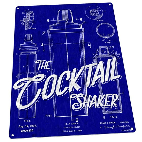 Blueprint Cocktail Shaker Patent Illustration 9"x12" Metal Sign, Wall Decor for Mancave, Den, or Gameroom