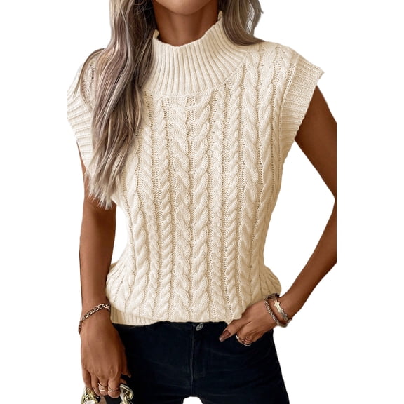 Women's Oatmeal Cable Knit Sweater Vest – Sleeveless High Neck Layering Piece for Daily Casual Outfits, (US 16-18)XL