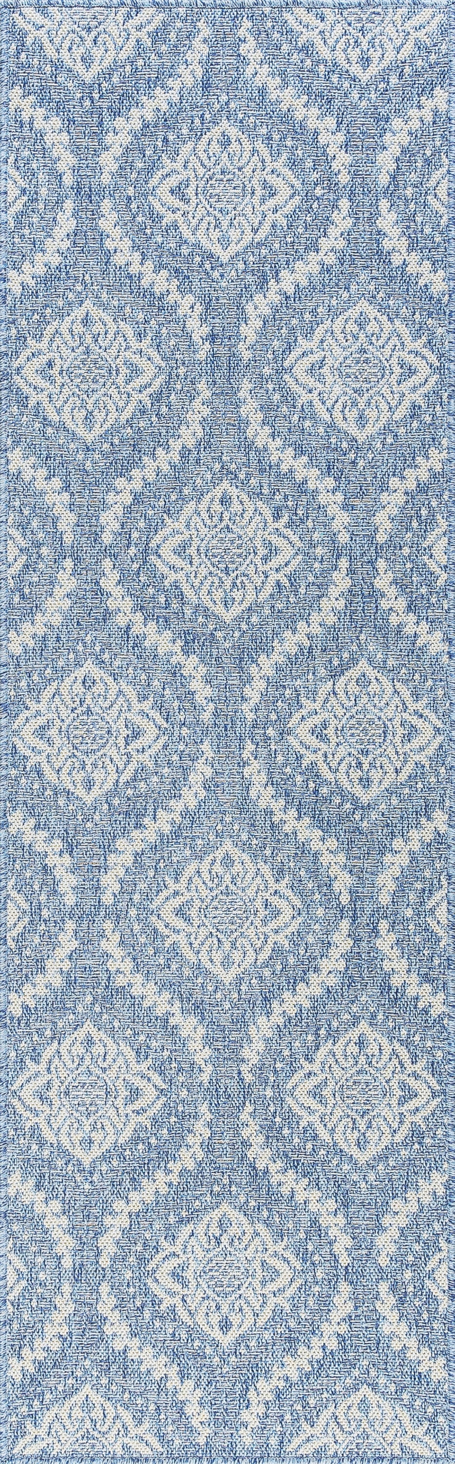 Bliss Rugs Damask Indoor Outdoor Rug Water Resistant Runner Rugs for Patio, Hallway, Entryway, Deck, Blue ,2' x 8'