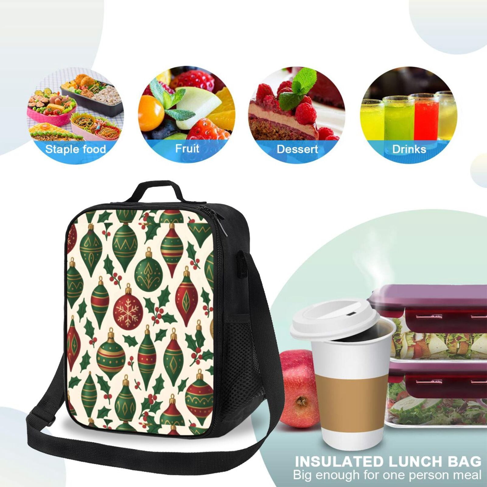 Thermal Insulation One Shoulder Portable Bento Bag Can Be Reused 8×10.5in For Carrying Drinks Bento Box Fruit Snacks Classic Christmas Ornament Pattern