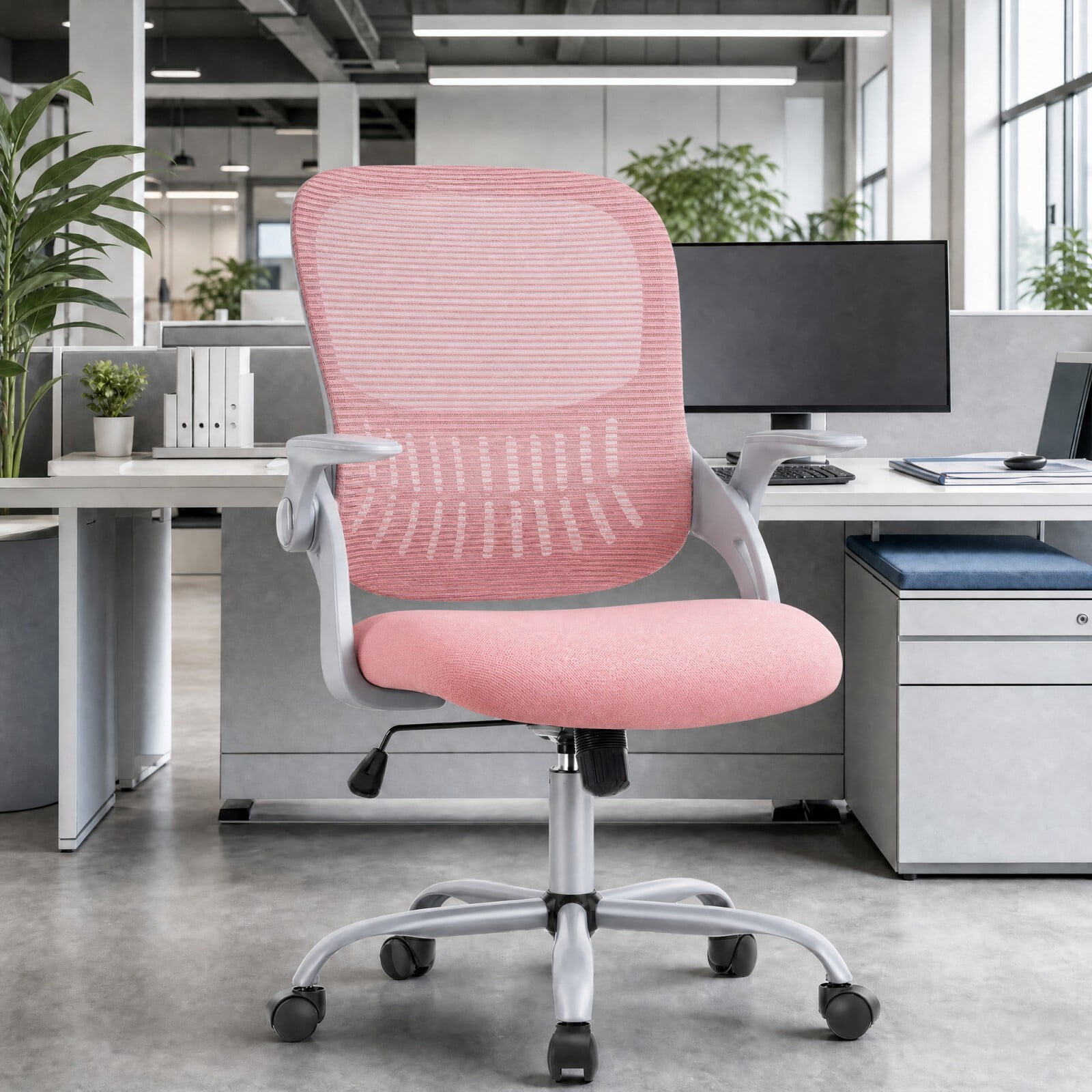 Kelno Ergonomic Mesh Office Chair Mid Back Desk Chair with Lumbar Support Flip-up Armrests Adjustable Height Swivel Task Chair, Pink