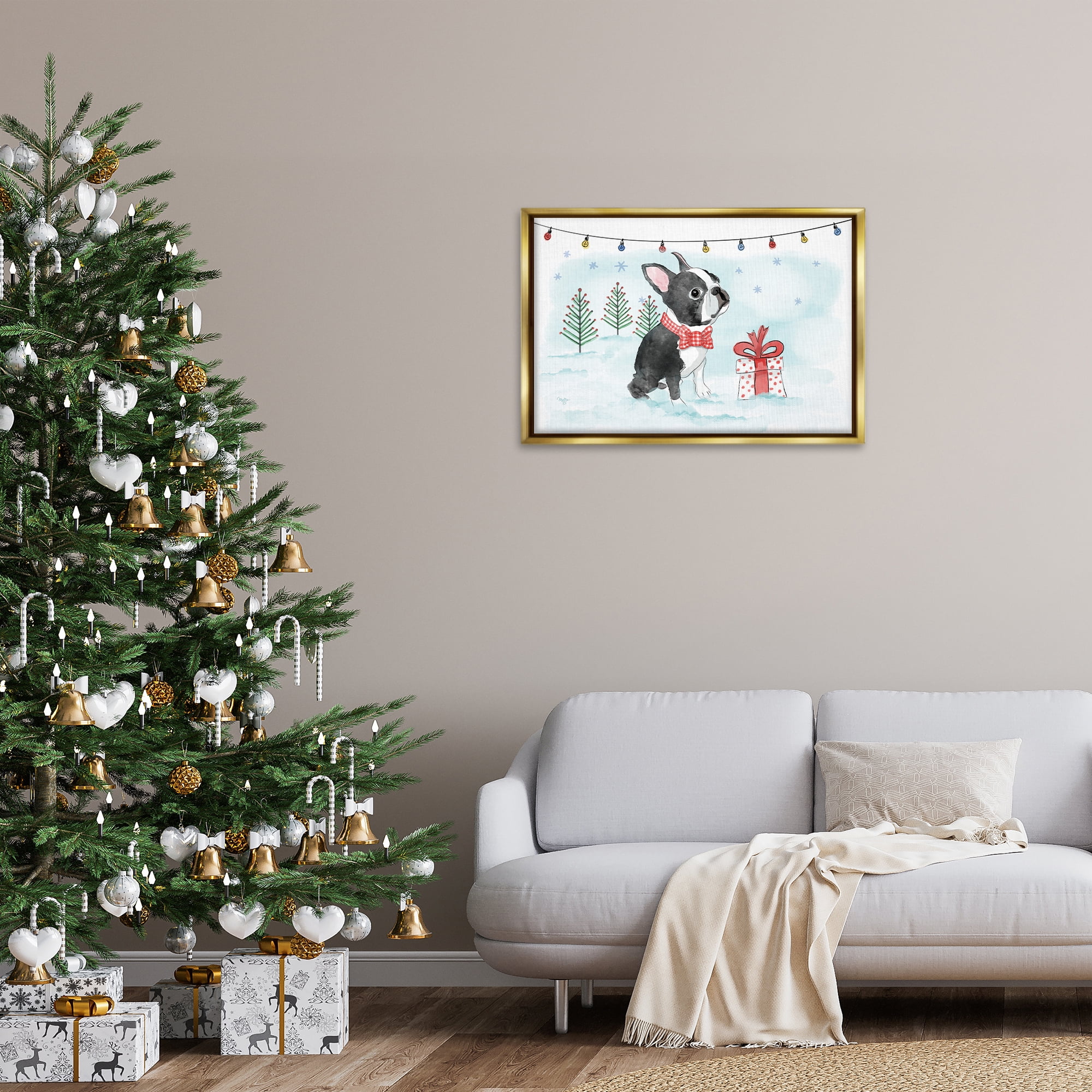Stupell Industries Snowy Boston Terrier Holiday Painting Gold Floater Framed Canvas Art Prints Wall Art, 31 x 21