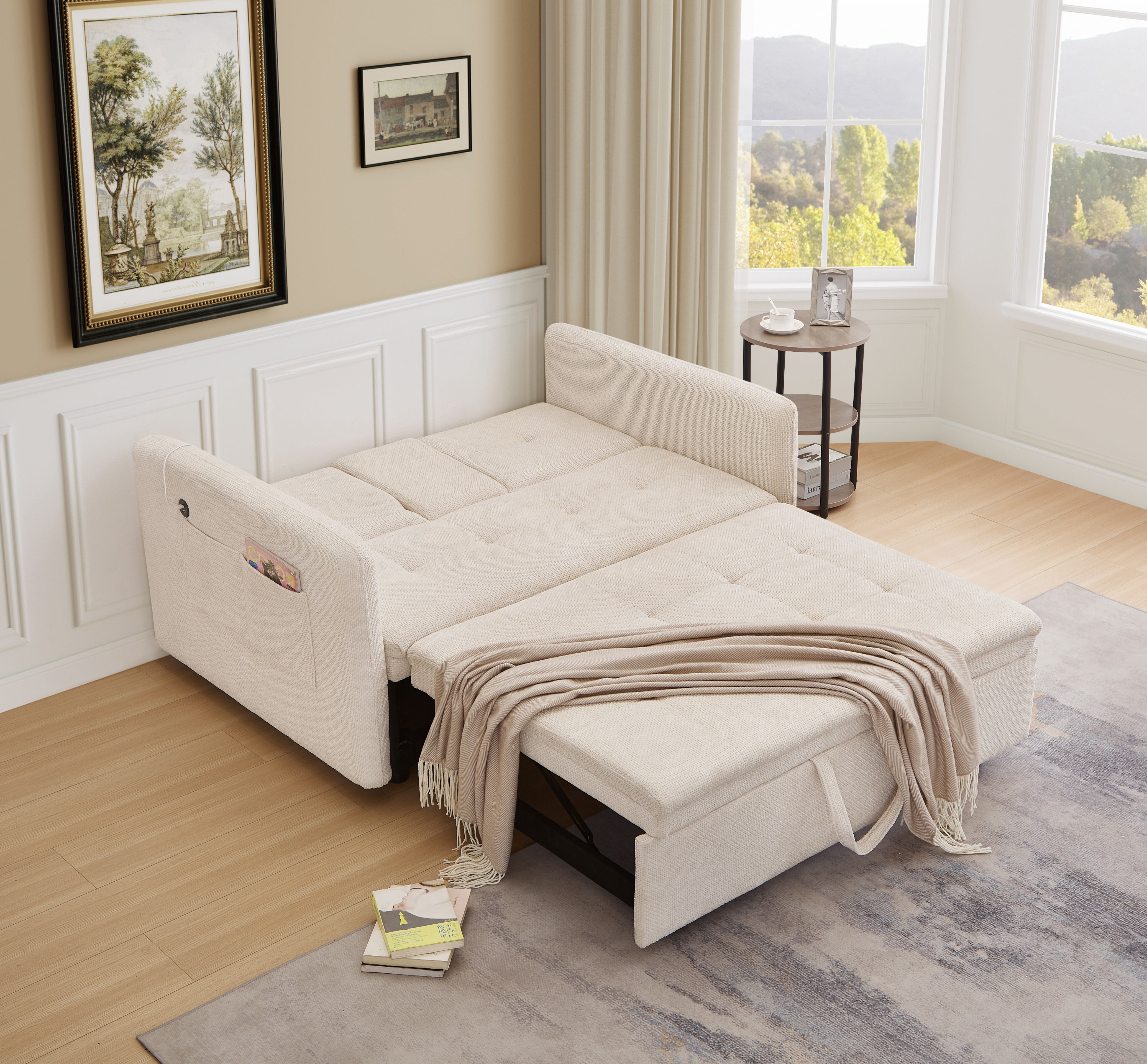 Noodeniya 57" 3 In 1 Convertible Sleeper Couch Bed with two cup holders, pull out sofa bed with USB and Side Pocket, Beige