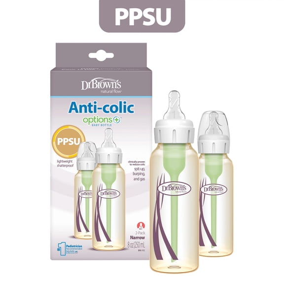 Dr. Brown's Anti-Colic Options Narrow PPSU Baby Bottle with Level 1 Nipple Slow Flow Nipples, Durable and Lightweight, BPA-Free, 8 oz/250 mL, 2-Pack