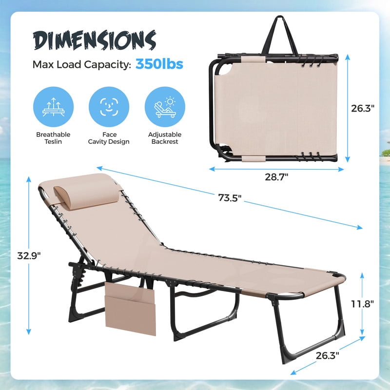 Lacoo Teslin Foldable Lounge Chair, Outdoor Chaise Lounge with Sauna, 5-Position Adjustable Beach Chair, Beige