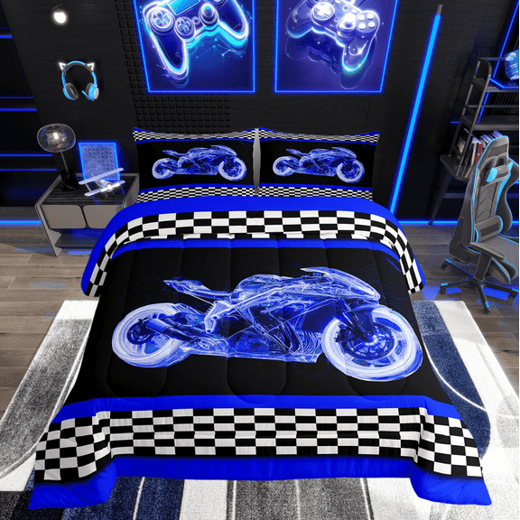 Erosebridal Teens Sports Comforter Sets Twin Size, Motorcycle Comforters & Duvets, Racing Checkered Decor, Lightweight 2pcs