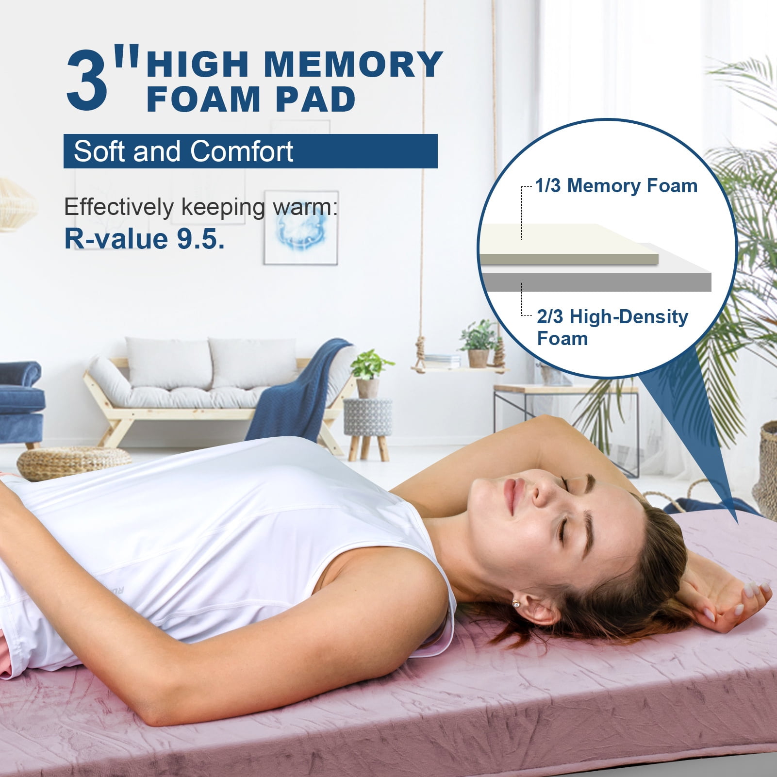 Invoker CertiPUR-US Memory Foam Camping Mattress Pad, Portable Roll Up Sleeping Pad for Camping, Car, Tent, Comfortable Sleeping Mats for Guests Kids Adult Sleepover