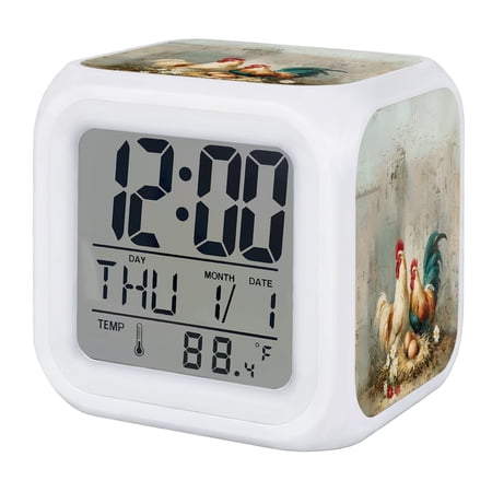 Vintage Rooster Digital Alarm Clock for Bedrooms, Smart LED Alarm Clock with 7 Color Changing Night Light, Farmhouse Animals Oil Painting Silent Wake Up Clocks for Sleep Study Cooking 3.2x3.2