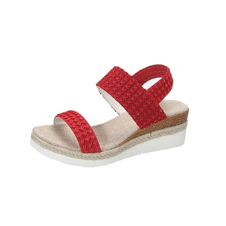 

KIJBLAE Women Summer Sandals Wedges Shoes Ladies Beach Bohemia Sandals Peep Toe Platform Sandals Bling Rhinestone Open Toe Sandals Red 38