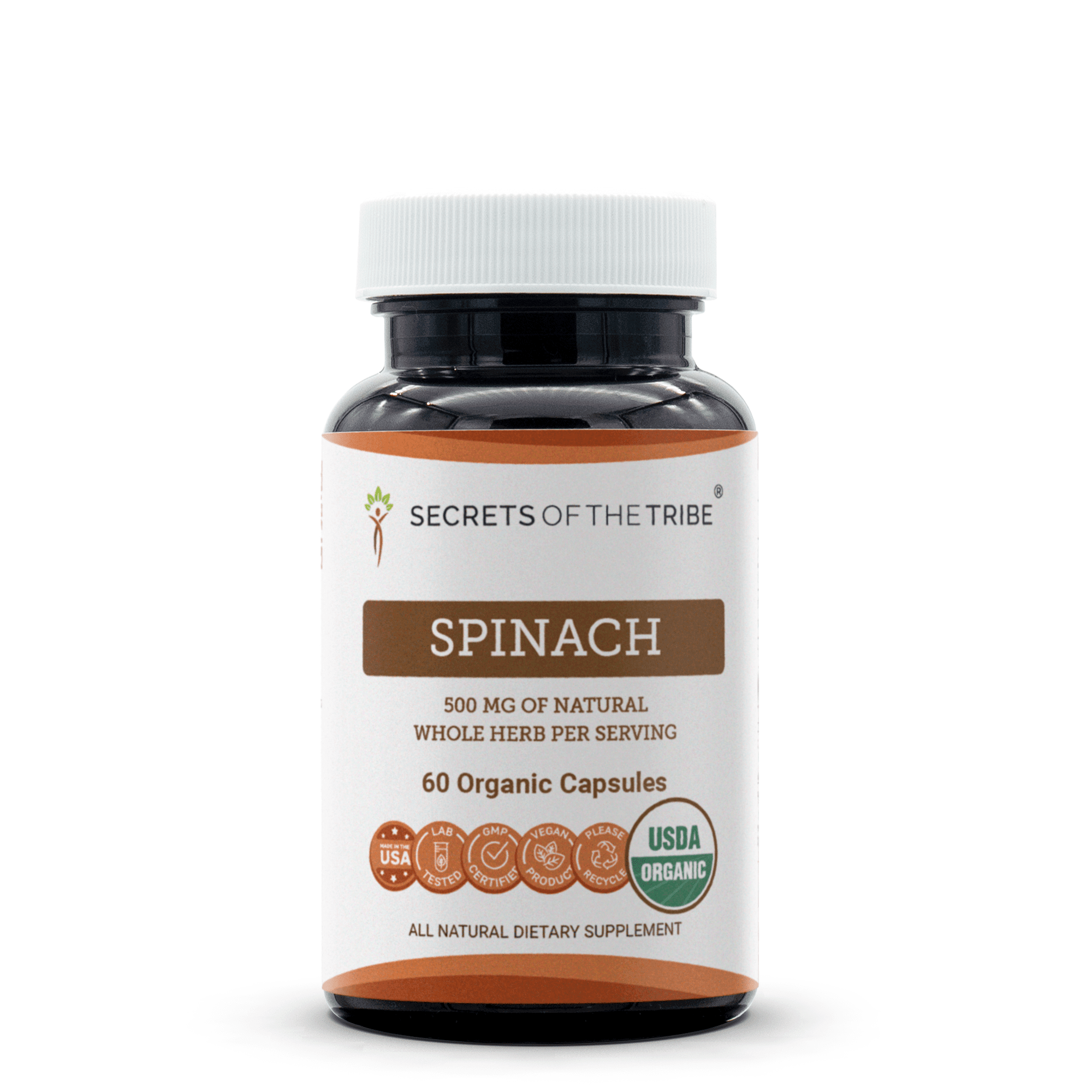 Secrets Of The Tribe Spinach Organic Capsules Dietary Supplement, Natural Herbal Capsules for Nutritional Support, Certified Organic Spinach (Spinacia oleracea) Dried Leaf, 60 Capsules