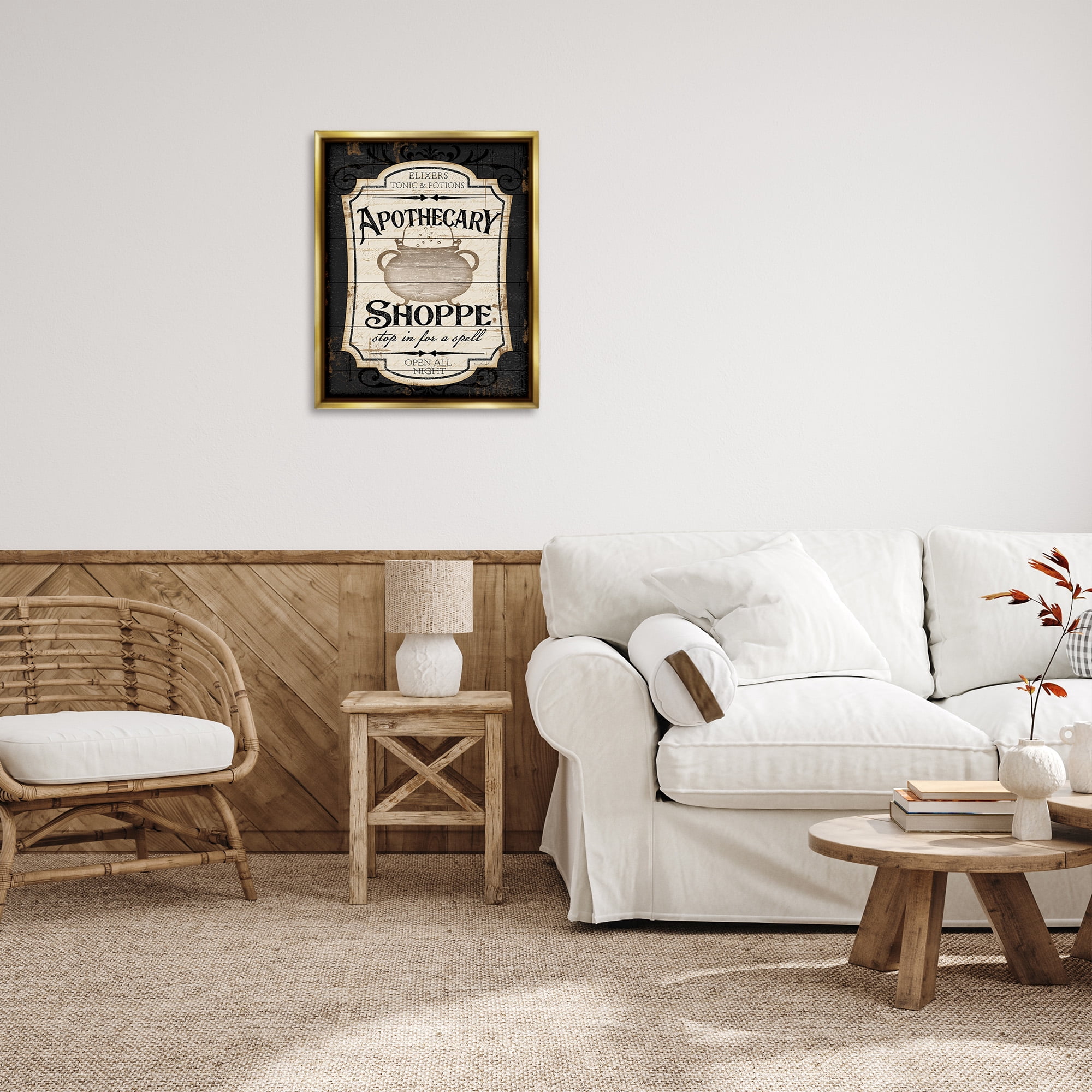 Stupell Industries Apothecary Shoppe Spooky Sign Holiday Painting Gold Floater Framed Canvas Art Print Wall Art, 25 x 31