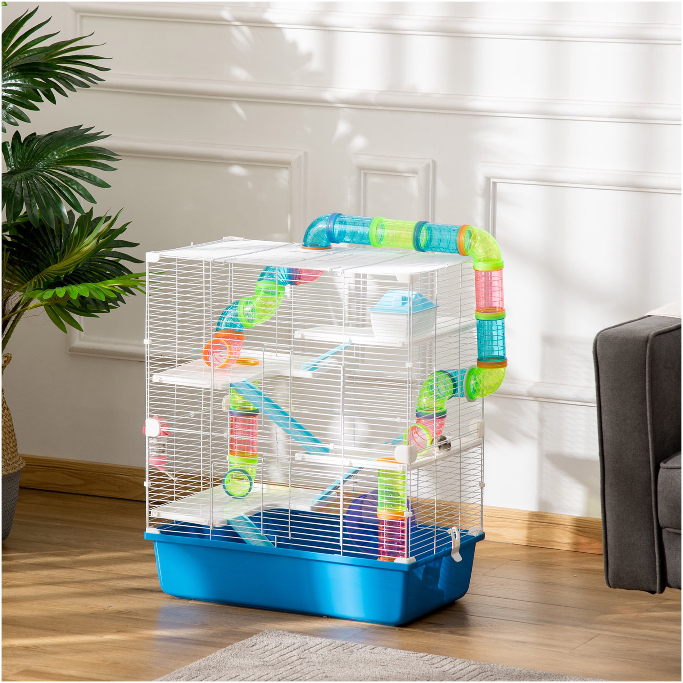 JERFIT 5-Tier Large Hamster Cage with Tubes, Exercise Wheel, Water Bottle & Food Dish, Multi-Level Habitat with Carry Handles, Ventilated Steel Frame, Blue Rat House