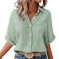 thumbnail image 2 of Oversized Tshirts for Women, Fashion Casual Solid Color Single Pocket Slit Mid Sleeve Shirt, Green M, 2 of 9