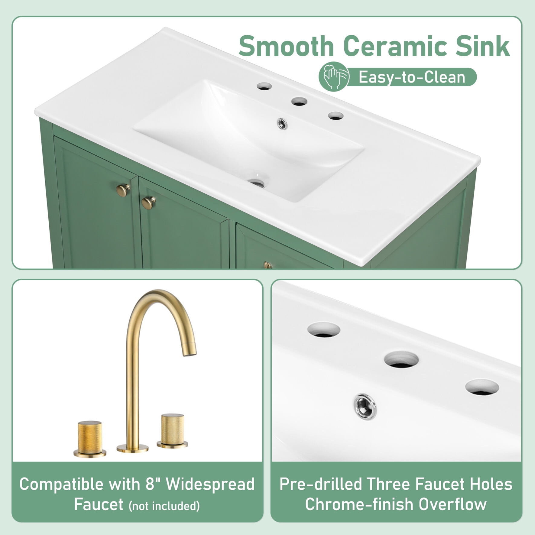 36" Bathroom Vanity with Sink Combo, Freestanding Bathroom Storage Cabinet with 4 Drawers and 2 Soft Closing Doors, Solid Wood Frame, Green