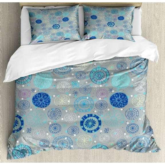 Cartoon Duvet Cover Set, Abstract Snowflakes Pastel Background Winter Celebration Theme Christmas, Decorative 3 Piece Bedding Set with 2 Pillow Shams, Queen Size, Beige Aqua Blue, by Ambesonne