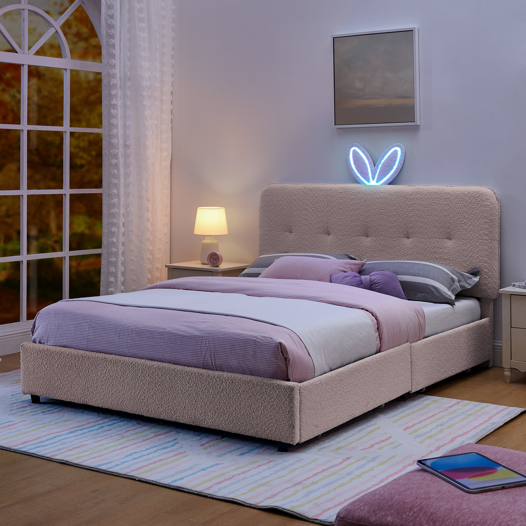 Mintazer Queen Upholstered Kids Bed with Oversized Rabbit Ear Headboard, Boucle Fabric Platform Bed with LED Headboard & 4 Storage Drawers, Pink