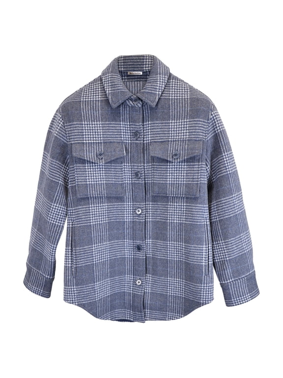 Pre-Owned Reformation Plaid Print Button-Down Jacket in Blue Wool