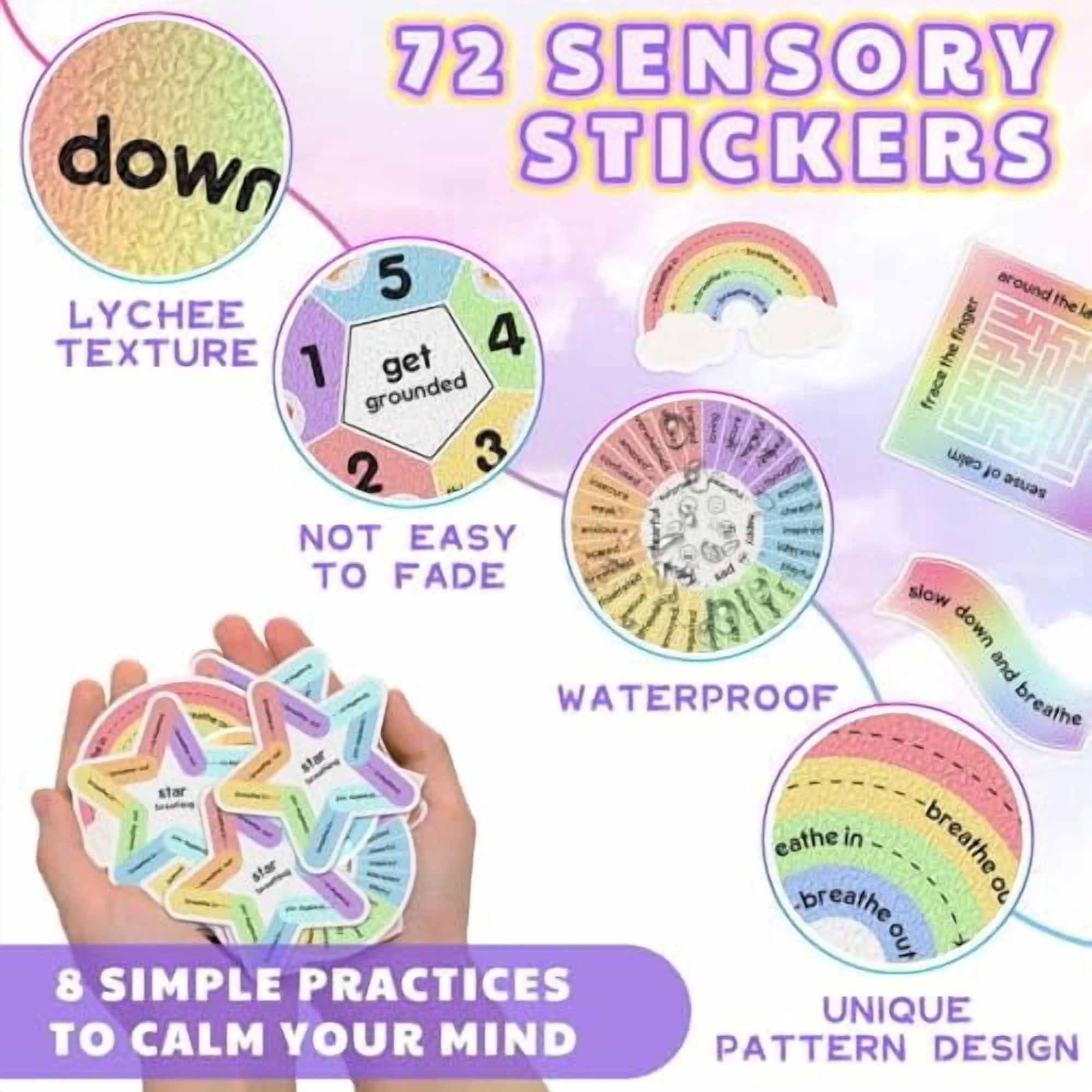 72 Pieces Anxiety Sensory Stickers Textured Stickers Fidget Mindfulness Sticker School Counselor Supplies Adult Sensory Items Anxiety Relief, 9 Styles(Rainbow Color)