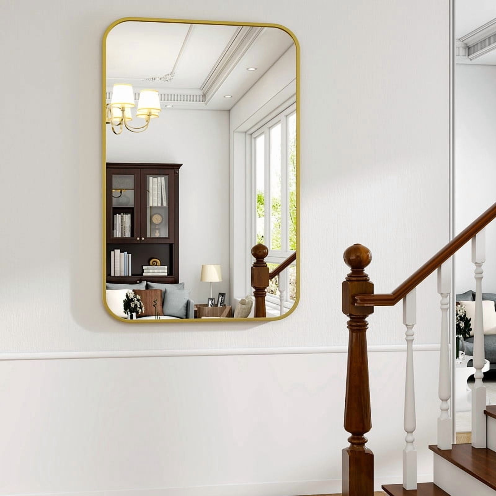 Easy4Home 36"x24" Rectangular Bathroom Mirror Hanging Rounded Corners Vanity Mirror Wall Mounted, Gold