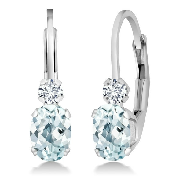 Gem Stone King 925 Sterling Silver Sky Blue Aquamarine & White Diamond Leverback Earrings for Women (1.07 Cttw, Gemstone Birthstone, Oval 6X4MM, Round 2MM, 3/4 inch)