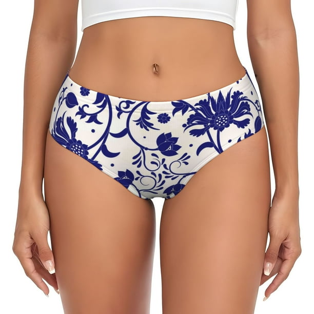 Fotbe Blue And White Porcelain Pattern Calzones Estampados para Mujer – Ropa Interior de Algodón, Cómoda, Suave y Elástica-Small