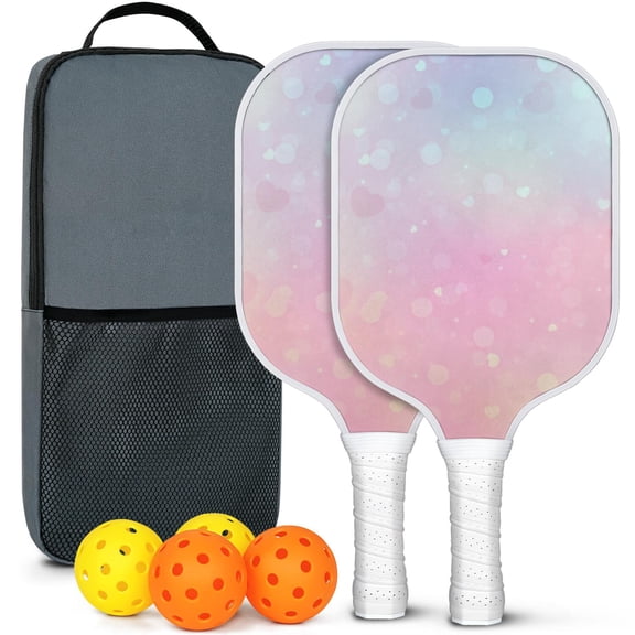 Pickleball Paddles Set Of 2, Fiberglass Surface, Love Romantic Valentine Print, 4 Balls & Bag