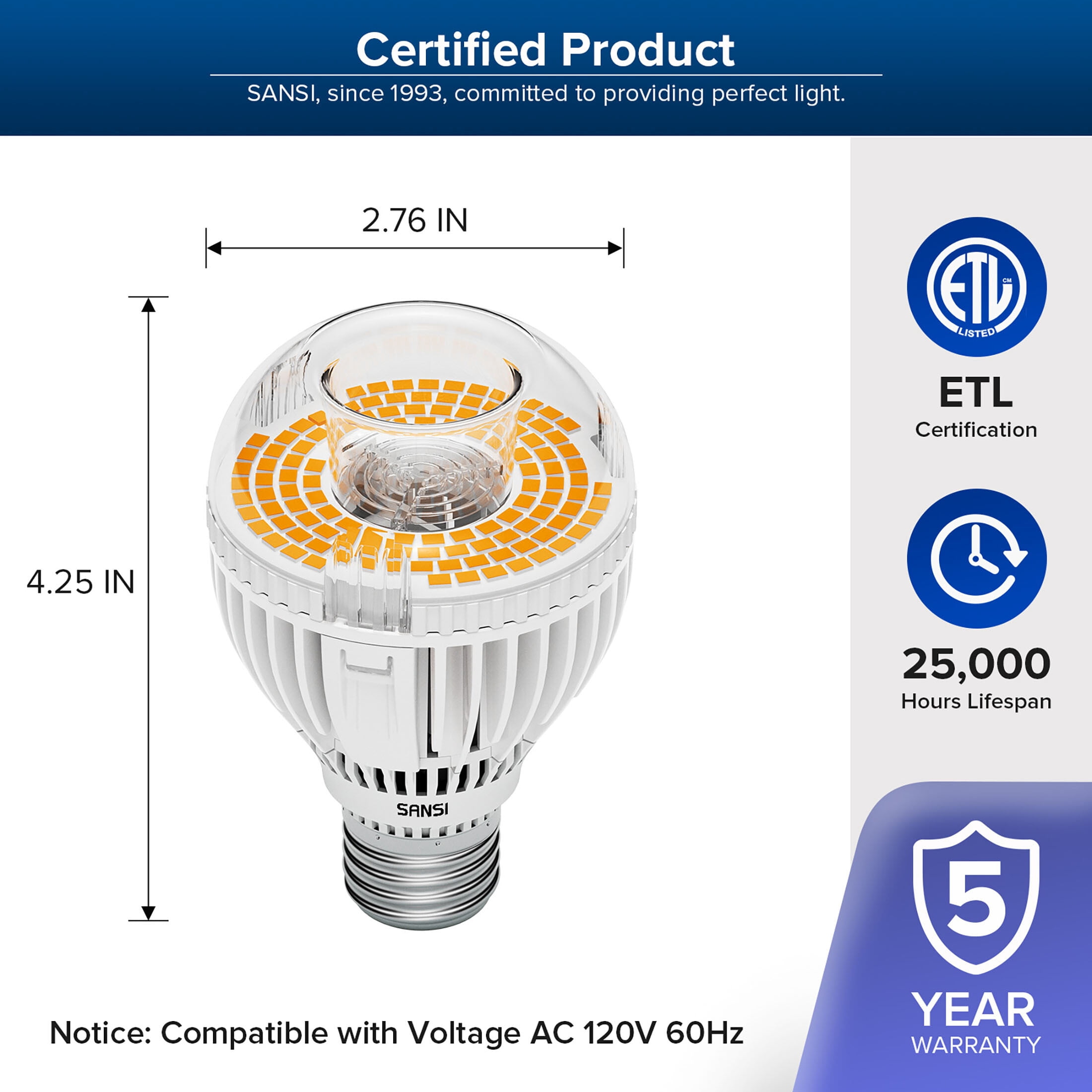 SANSI 30 Watts (300W Equiv) A19 LED Light Bulb, 4500 Lumens, E26 Base, 3000K Warm White Non-Dimmable