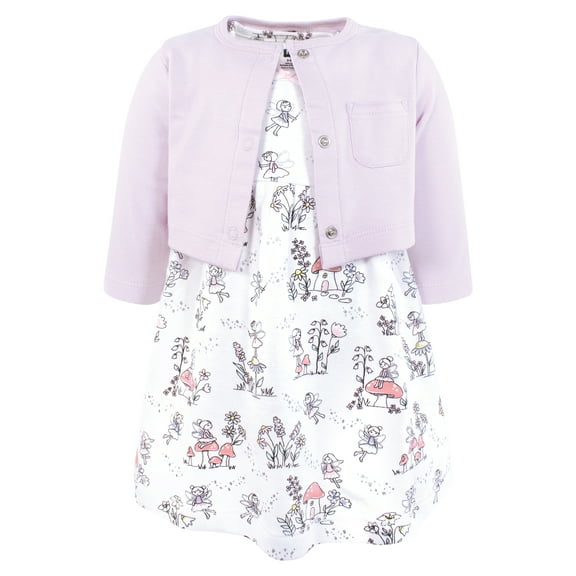 Hudson Baby Infant and Toddler Girls Cotton Dress and Cardigan Set, Garden Fairies, 0-3 Months