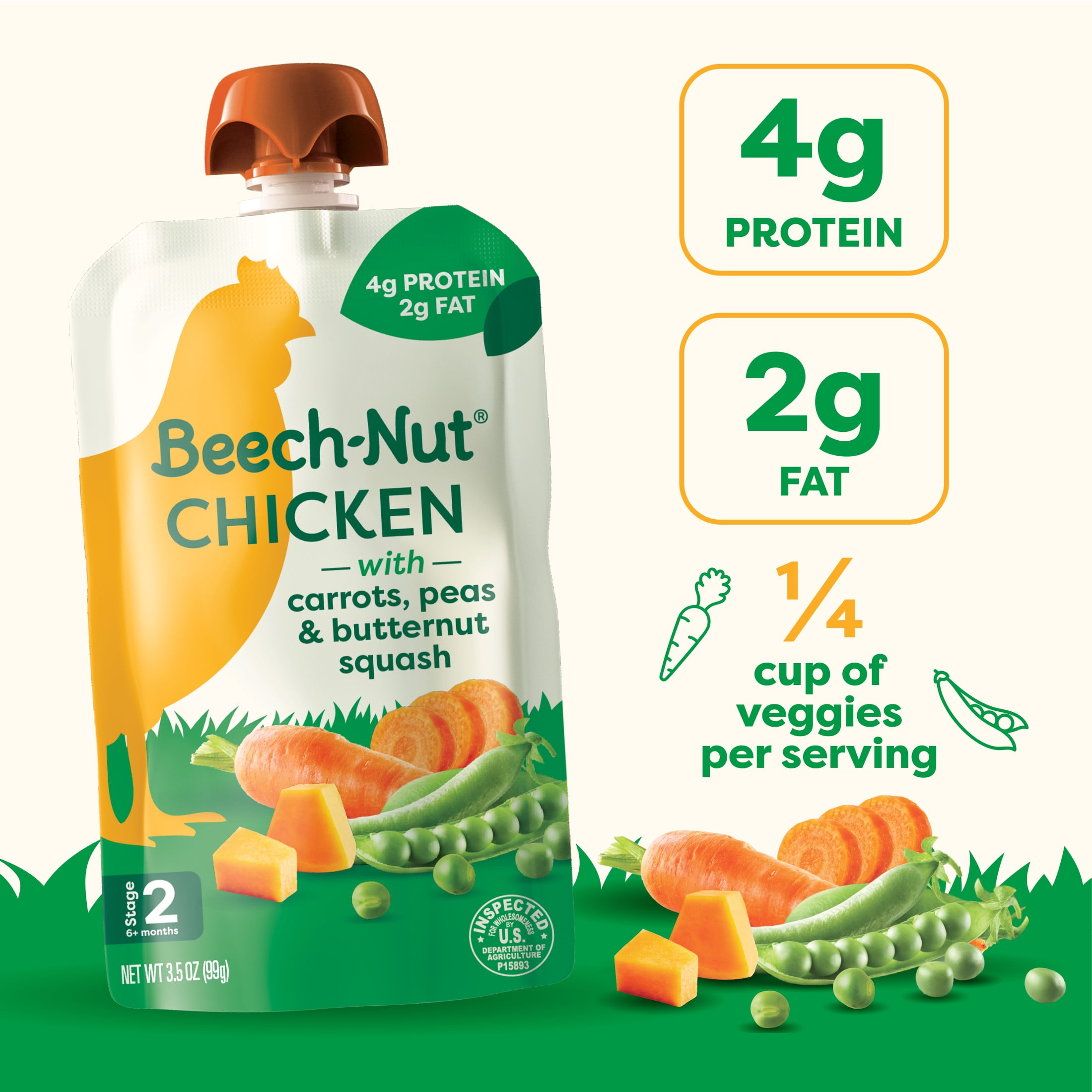 (12 pack) Beech-Nut Chicken Stage 2 Baby Food, Chicken Carrots Peas & Butternut Squash, Puree Meat Baby Food Pouch, 3.5 oz Pouch