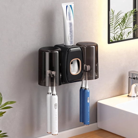 Mnplcie 2-in-1 Toothbrush Holder Set with Toothpaste Dispenser, Wall Mounted Toothbrush Holders for Bathroom, Toothbrush Holders with Cover, Shower Toothbrush Holder for Family Use