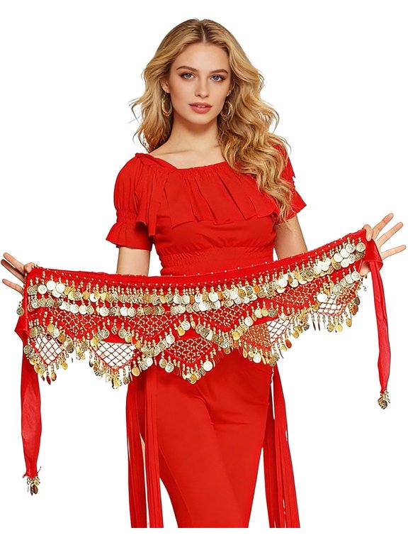 Belly Dance Hip Scarf with Silver Coins, Chiffon Wrap Skirt, 128 Coin Sash for Women for Belly Dance