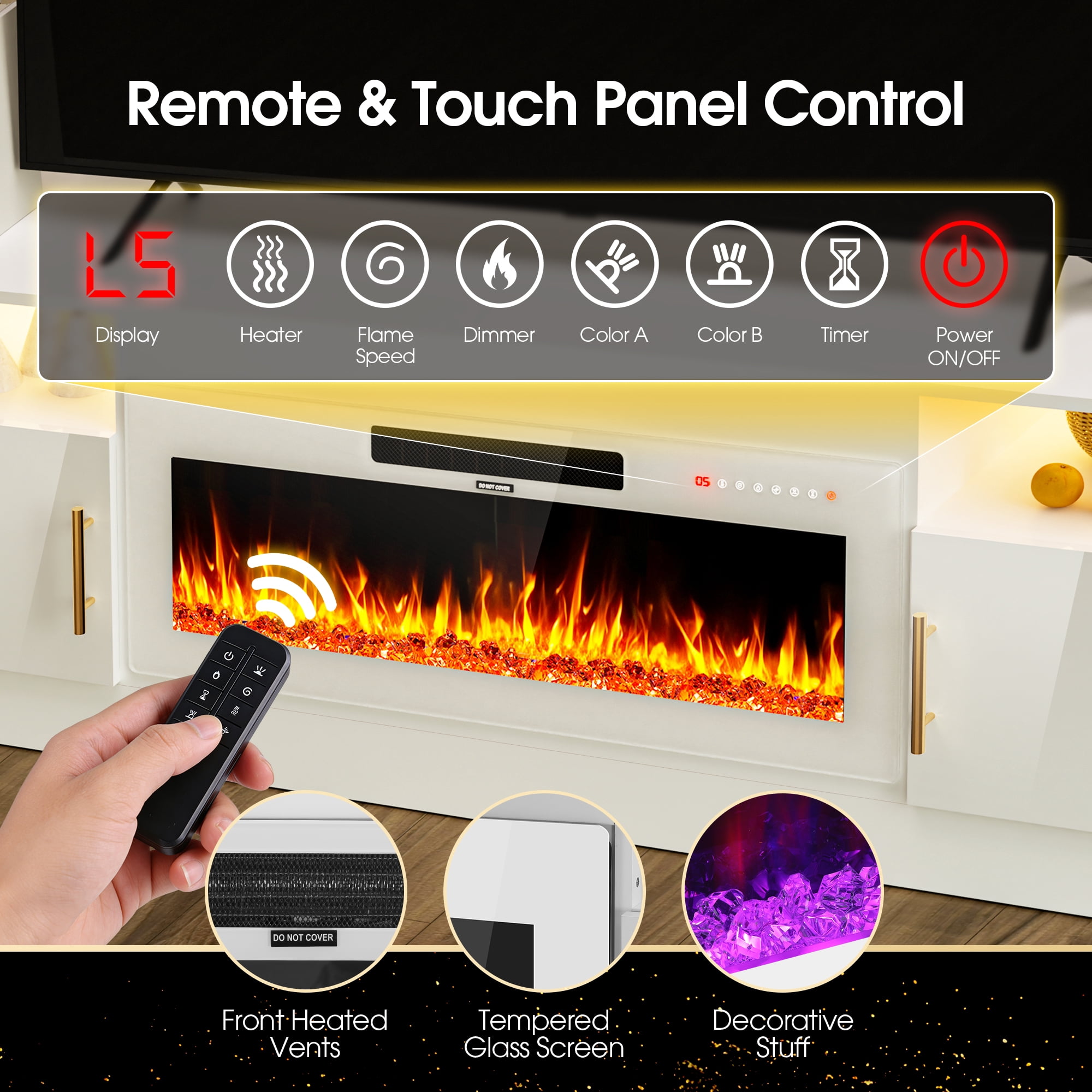 HARIPUL 80” TV Stand with 36" Electric Fireplace for TVs Up to 90 inch, LED Light Entertainment Center with High Gloss Door, Modern Media Console Cabinet for Living Room