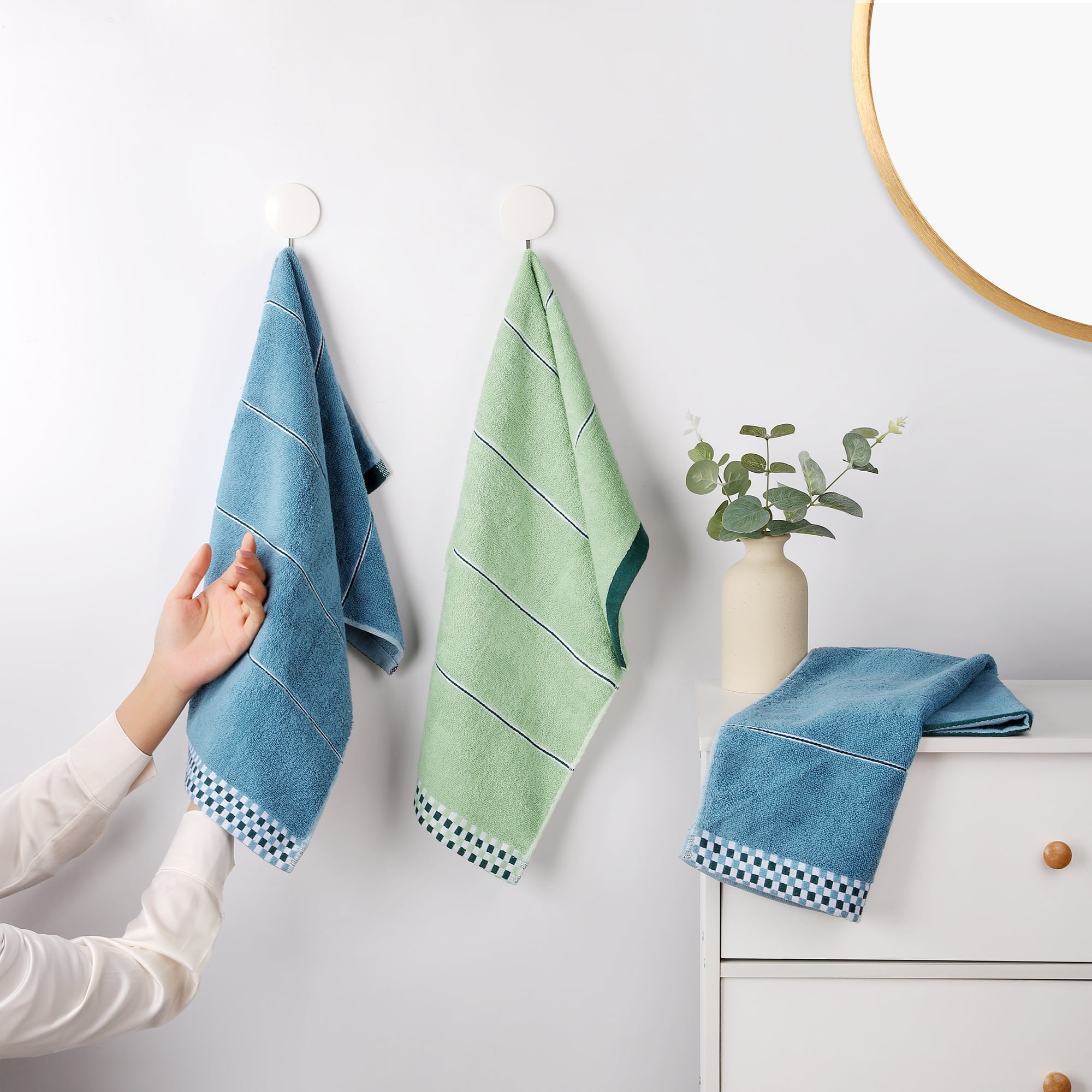 Unique Bargains 14" x 30" Striped Checked Hand Towels Blue/Light Green 6