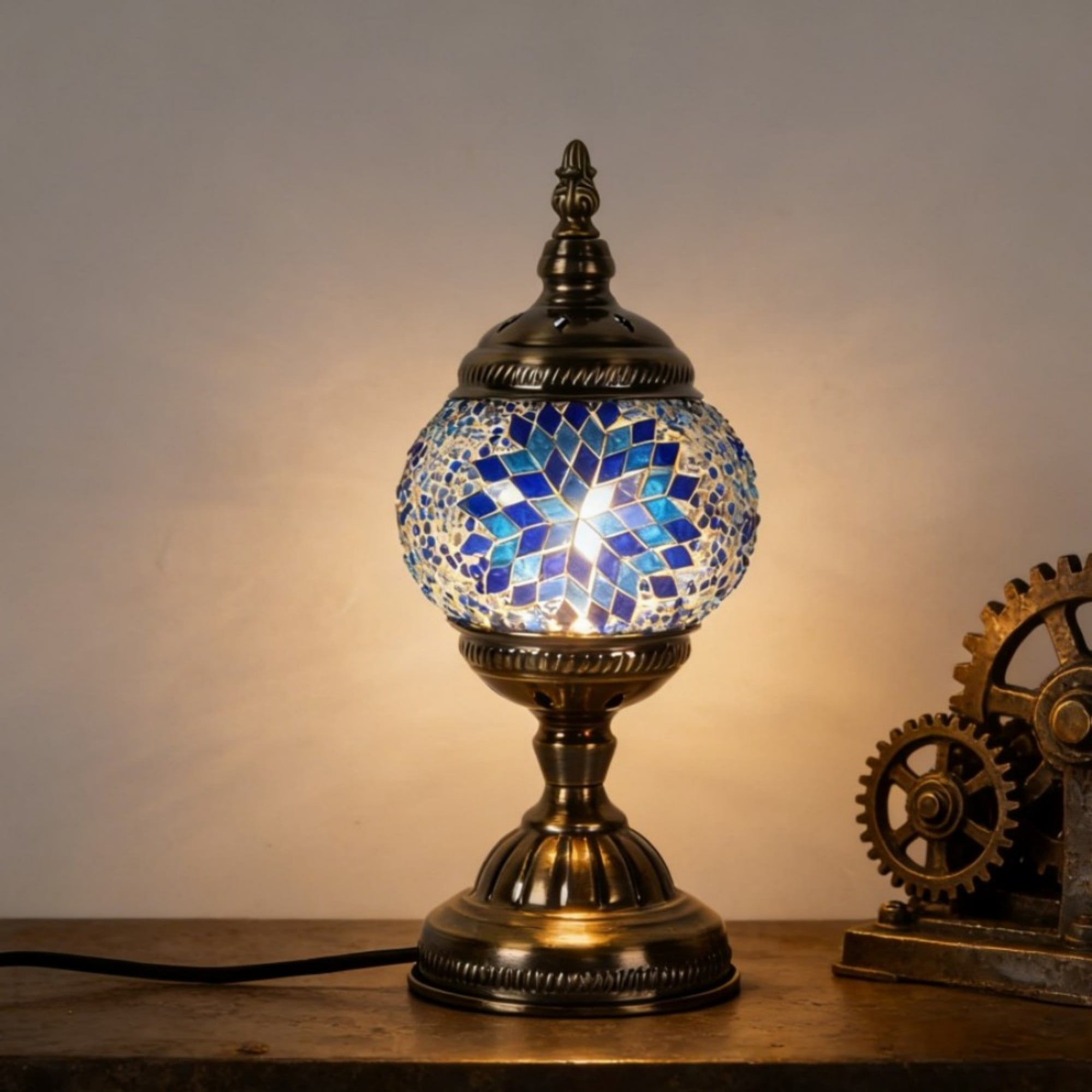 Turkish Lamp, Mosaic Table Lamp, Antique Moroccan Decorative Glass Bohemian Vintage Lamp Shade, Small Desk Tiffany Bedside Stained Glass Lamp with US Plug and E12 Socket