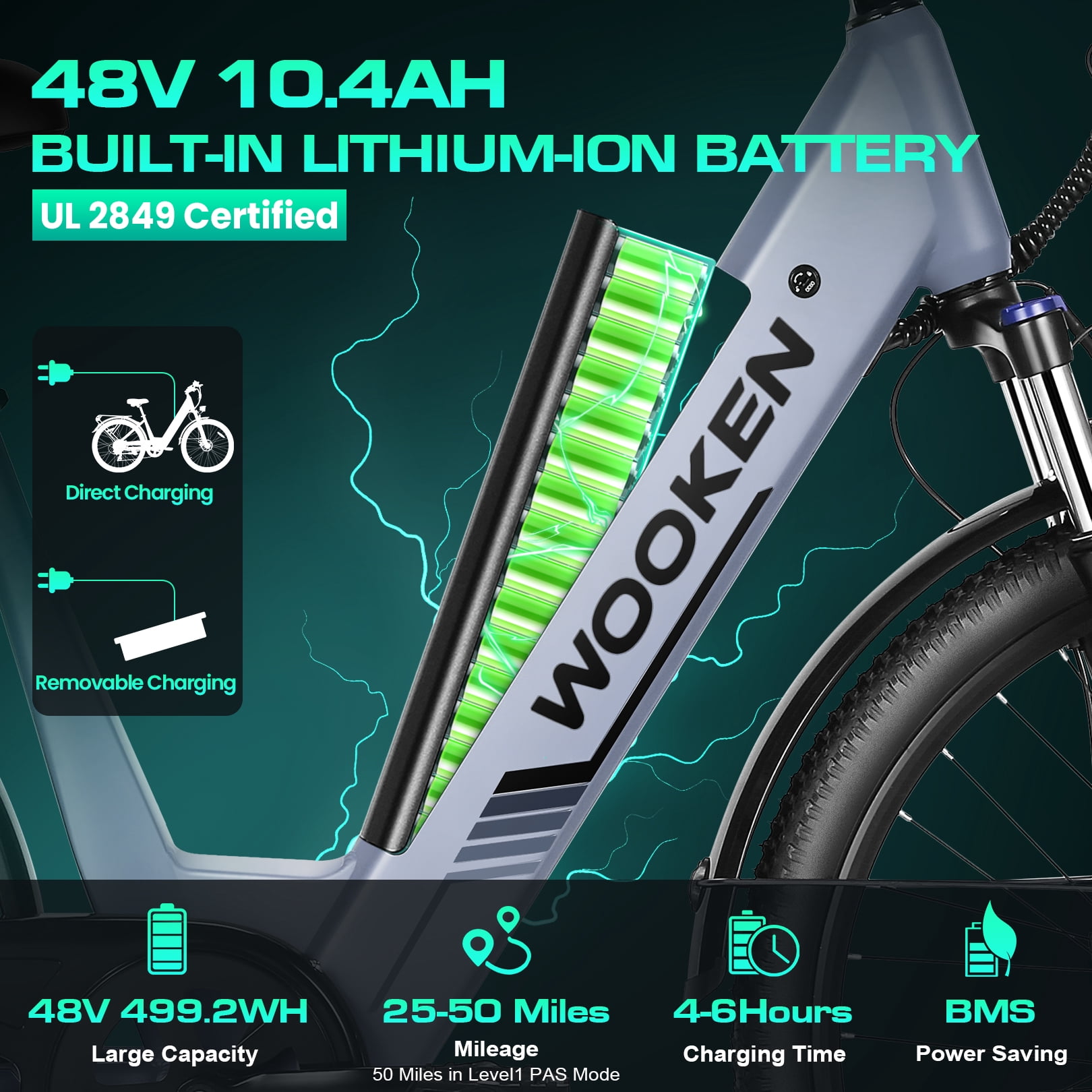 WOOKEN Electric Bike for Adults ,48V 10.4Ah Removable Battery and up to 50Miles 19.8MPH, 26" x 2.1" Electric Commuter Bike with 7-Speed and Front Suspension, UL 2849