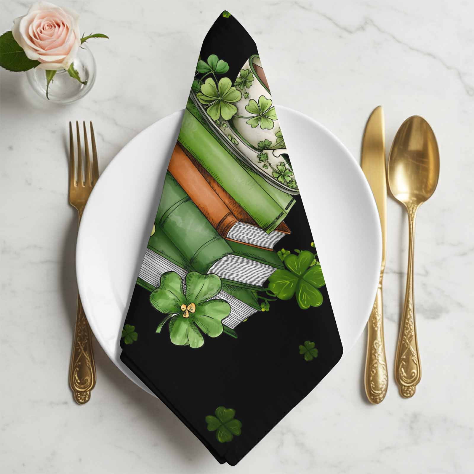 St Patrick's Day Cloth Napkins, Shamrock Leaf Coffee Cups Books Dark Green Washable and Reusable Dinner Napkins Set of 8, Table Napkin for Kitchen Party Birthday Wedding Hotel Housewarming 20"x20"