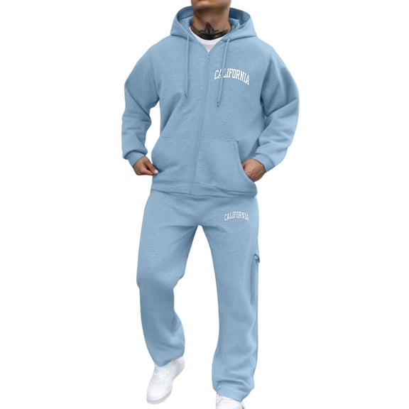 SGMVNU Men's Tracksuits Letter Print Men's Zip Up Hoodie Suit Set Casual Soft Outfit Workout Gym Sportswear with Pockets Workout Gym Jogging Sweat Suits(Light Blue, XL)