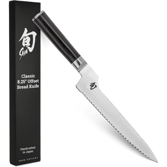 Shun Classic 8.25-Inch Offset Bread Knife, Serrated Bread Knife, VG-MAX Steel Core, Damascus-Clad Stainless Steel, Pakkawood Handle