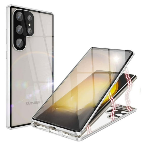 Magnetic Case for Samsung Galaxy S24 Ultra,Magnetic Adsorption Shockproof Aluminum Bumper Double Sided Clear Tempered Glass with Lens Protector No Fingerprint Unlock Cover,Silver